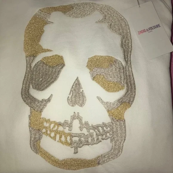 🎉HP🎉NEW Zadig And Voltaire White Upper Gold/Slv Glitter Skull Sweatshirt Sz M✨ - Picture 7 of 13